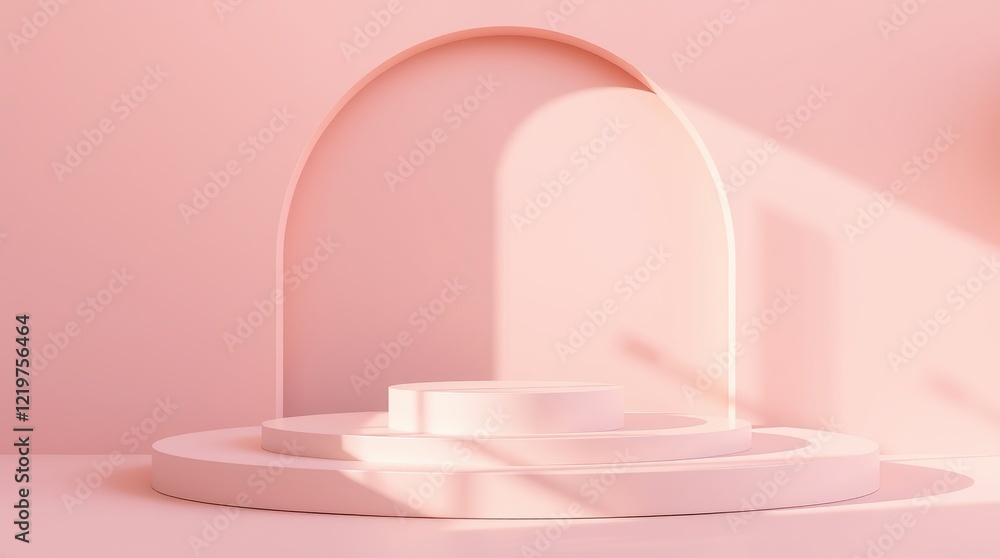 Poster a 3d rendering of a minimalist pink podium scene with three cylindrical platforms arranged in a stag