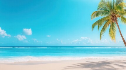 Fototapeta premium Serene Tropical Beach with Clear Blue Sky and Lush Palm Tree on Sandy Shoreline for Relaxation and Escape