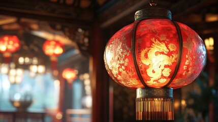 A red Chinese lantern with intricate gold detailing on a neutral background. Ideal for Lunar New Year, cultural events, and traditional decorations.