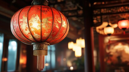 A red Chinese lantern with intricate gold detailing on a neutral background. Ideal for Lunar New Year, cultural events, and traditional decorations.