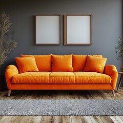 A modern minimalist living room featuring a vibrant orange sofa as the focal point, complemented by neutral tones and sleek furnishings, creating a harmonious blend of boldness and simplicity.

