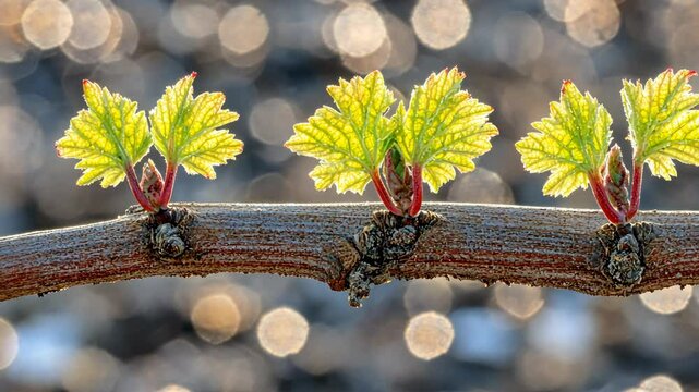 New grapevine growth with vibrant leaves during springtime in a vineyard