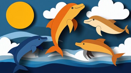 Animated dolphins leap joyfully through waves under a bright sun, symbolizing play and freedom in a vibrant ocean scene filled with life.