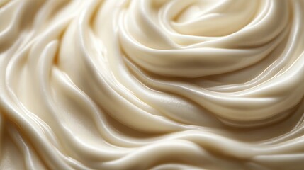 Obraz premium Close-up view of creamy white yogurt. Smooth texture with flowing waves. Natural light highlights product. Creamy dairy product. Healthy, fresh food. Soft, beautiful food background. Top view.