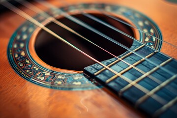 Obraz premium Polished wood guitar with intricate sound hole design and steel strings creating beautiful music