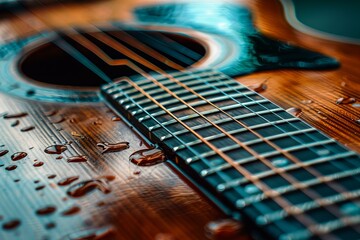 Fototapeta premium Close up of a wet acoustic guitar with water droplets reflecting light, creating a visually appealing image related to music, instruments, and water