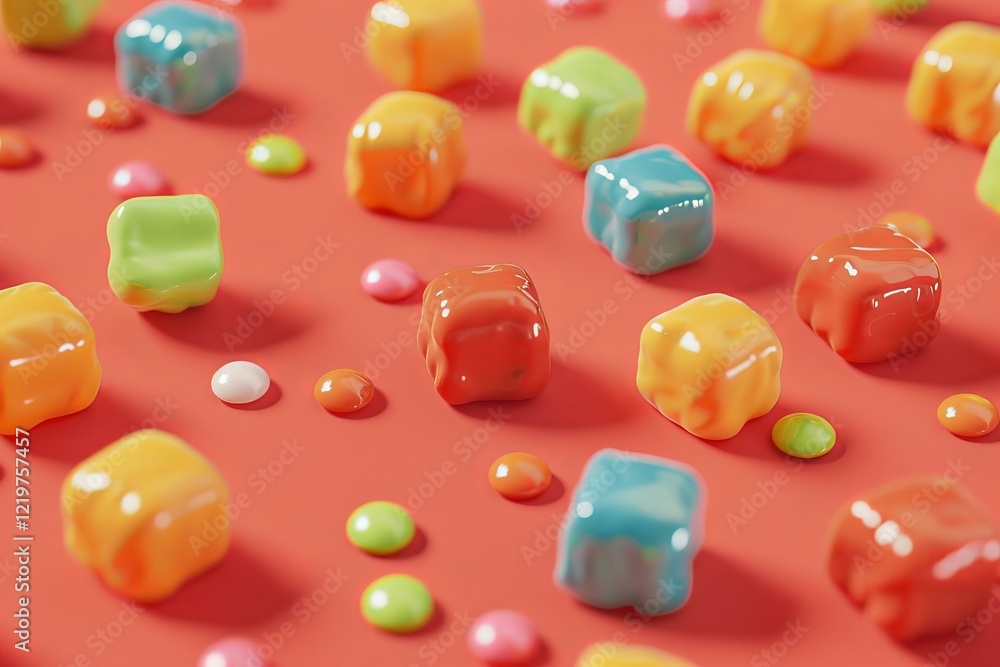 Poster vibrant glossy candies and small melted drops creating a playful and colorful arrangement on a red b