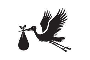 silhouette of stork holding a baby basket icon