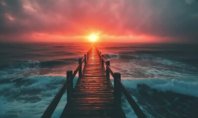 Dramatic ocean sunset pier waves