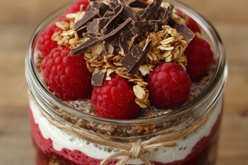 Clear glass jar with chia pudding, visible layers of raspberries, granola, and chocolate shavings, tied with twine for decoration.