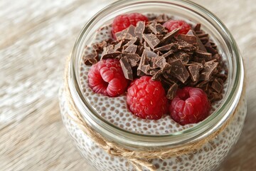Clear glass jar with chia pudding, visible layers of raspberries, granola, and chocolate shavings, tied with twine for decoration.