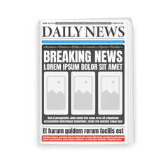 Newspaper template. Daily newspaper journal design template with editable headlines quotes text articles and color images. Vertical folded newspaper layout. Vector illustration.