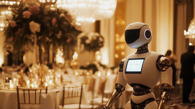 Futuristic Wedding Reception with Robot Presence and Elegant Decoration Ambience