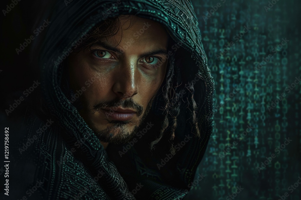 Poster portrait of a hacker wearing a hood, looking intensely in front of encrypted data