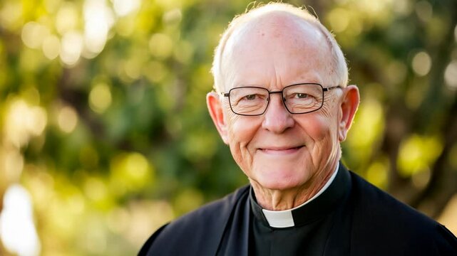 Smiling senior Priest wearing a soutane looking at the camera	
