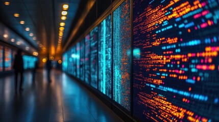 Modern data center interior shows staff walking past large screens displaying dynamic data streams. AI algorithms optimize tech processes during evening hours. Tech environment digital