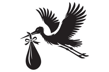 silhouette of stork holding a baby basket icon