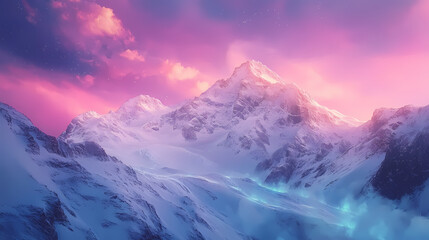 Ethereal lights dance across snow peaked mountains. Aurora Peak. Illustration