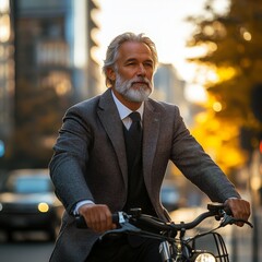 Fototapeta premium A senior businessman riding a bicycle in an urban area. Perfect for themes of eco-friendly commuting, healthy lifestyle, and professional work-life balance.