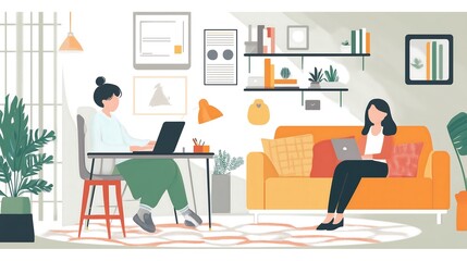 Two young women working in a stylish home office environment, showcasing productivity and comfort.