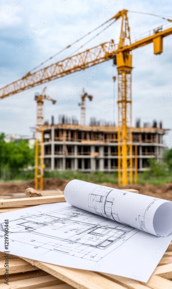 Aufkleber architectural blueprint in foreground with construction cranes and building framework in background