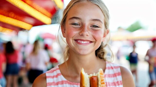Beautiful young woman having a hotdog at a county fair	
