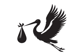 silhouette of stork holding a baby basket icon