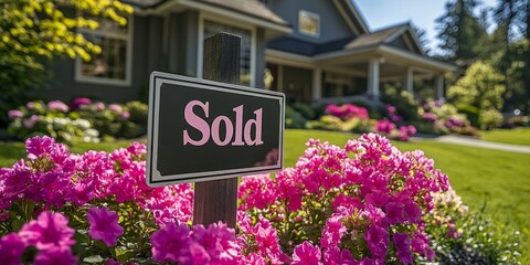 A "Sold" sign in front of a modern home with flowers. Great for real estate, home sales, and property success visuals.