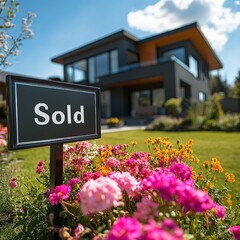 A "Sold" sign in front of a modern home with flowers. Great for real estate, home sales, and property success visuals.