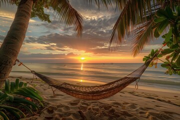 Relaxing hammock hanging between palm trees on a beautiful sandy beach during a vibrant sunset