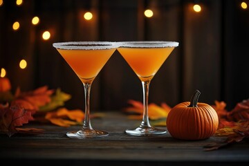 Autumn pumpkin martini cocktails on rustic wood table. Two glasses filled with orange drink, garnished with sugar rim. Small pumpkin, fall leaves create cozy autumnal ambience. Seasonal fall beverage