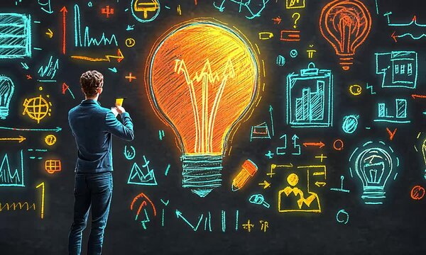 Businessman viewing bright idea on chalkboard, growth charts, planning