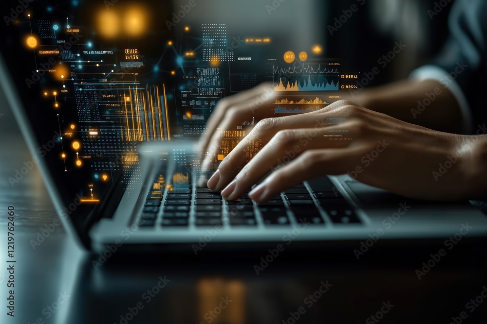 Poster businessperson using laptop for data analytics. hands type on keyboard. visual displays of data appe