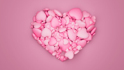 Many pink textured hearts in form of a big heart on pink backdrop. Valentine day background. 3d render illustration