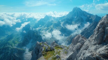 Naklejka premium Aerial view of majestic mountain peaks and valleys covered in clouds.