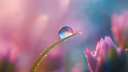 Single dew drop on a blade of grass reflecting rainbow colors, glowing against a softly blurred colorful background, showcasing natural beauty and delicate textures