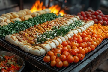 Vendor prepares traditional flatbreads with fresh ingredients in vibrant market atmosphere