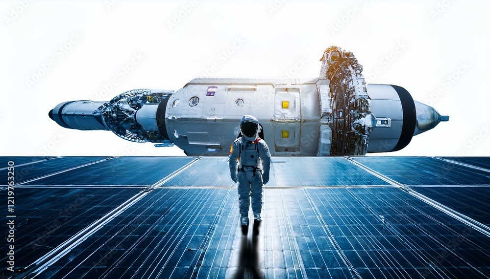 Poster an astronaut standing in front of a spacecraft on a futuristic platform. the astronaut is wearing a 