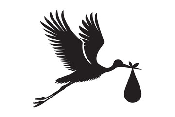 silhouette of stork holding a baby basket icon