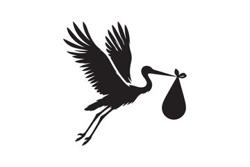 silhouette of stork holding a baby basket icon