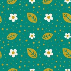Seamless floral pattern featuring white flowers, golden leaves, and scattered dots on a deep green background. Perfect for fabric, wallpaper, and digital designs. Vector art
