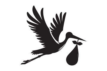 silhouette of stork holding a baby basket icon
