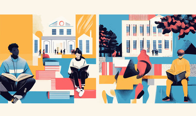 Minimalist University Education Illustration with Students Reading and Campus Architecture