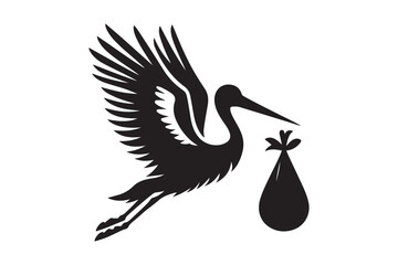 silhouette of stork holding a baby basket icon