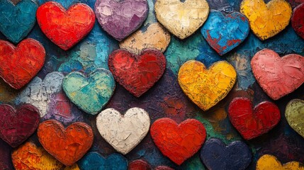 Obraz premium A colorful collection of watercolor hearts in warm tones. Ideal for Valentine's Day designs, romantic themes, and emotional connection visuals.