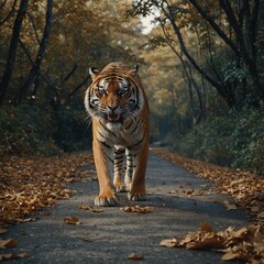 Obraz premium A tiger stealthily moving through the shadows of a dense forest, its eyes gleaming. In the midst of the forest, a majestic tiger prowls along the black road, seamlessly blending the wilderness with 