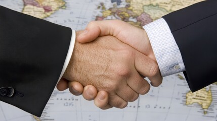 Two business professionals firmly shake hands over a world map, symbolizing a global partnership and mutual agreement.
