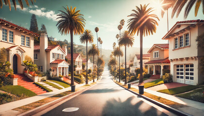 Fototapeta premium Peaceful palm-lined neighborhood glowing in golden sunlight.