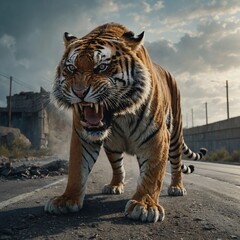 Obraz premium tiger in the river, tiger in the forest, AI images, nature photography, nature AI photo, tiger ai image, Close-up of a tiger tiger on the wall Dominanter Tiger laeuft auf dem Fahrweg