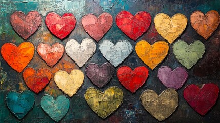 Obraz premium A colorful collection of watercolor hearts in warm tones. Ideal for Valentine's Day designs, romantic themes, and emotional connection visuals.